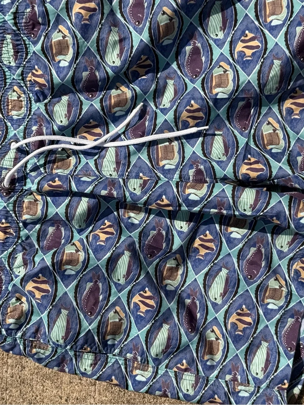Vintage 90s Trunks Men's Blue Fish-Print Swim Trunks